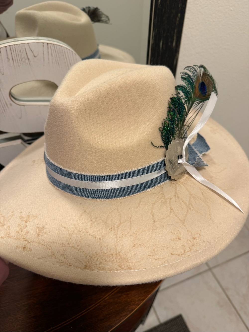 Boutique Beige Felt Hat with Blue Ribbon and Peacock Feather